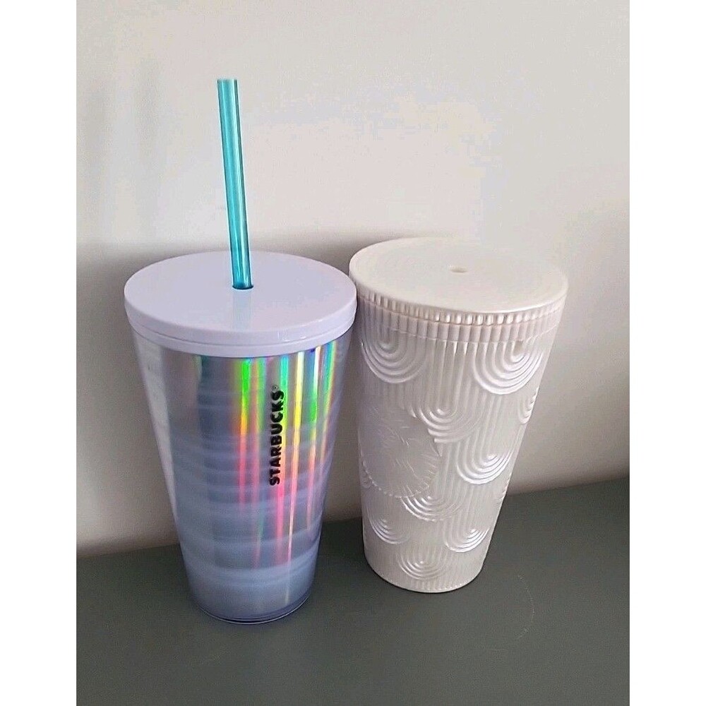 Two Starbucks 16oz Cold Cup 2022 Spring White Mermaid Scales, & Silver NWT